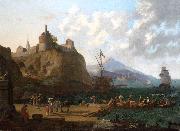 A  mediterranean harbour scene with numerous figures on a que beneath a fort, Adriaen Coorte